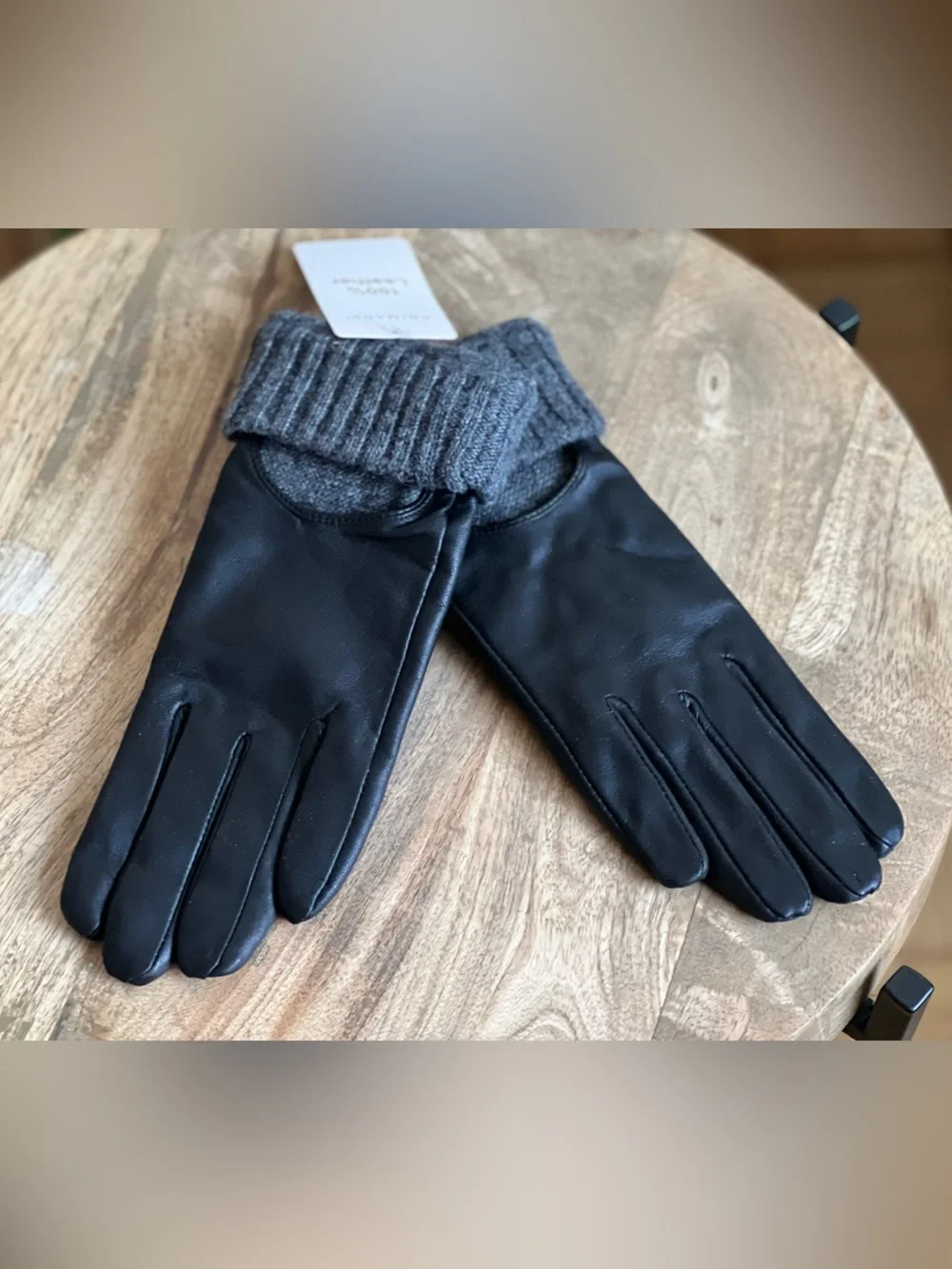 Women’s Black Leather Gloves with Gray Knit Cuff